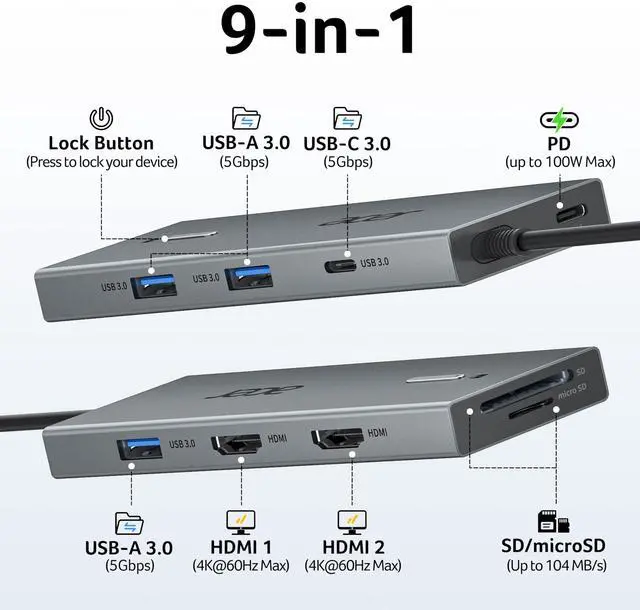 Alt view image 2 of 7 - USB C Docking Station Dual Monitor With 2 HDMI, 9-IN-1 Laptop Docking Station with 4K@60Hz HDMI, USB A&C 3.0, SD/Micro SD, 100W PD, USBC Dock Compatible with Acer/Dell XPS/HP/Mac/Surface (0.65FT)
