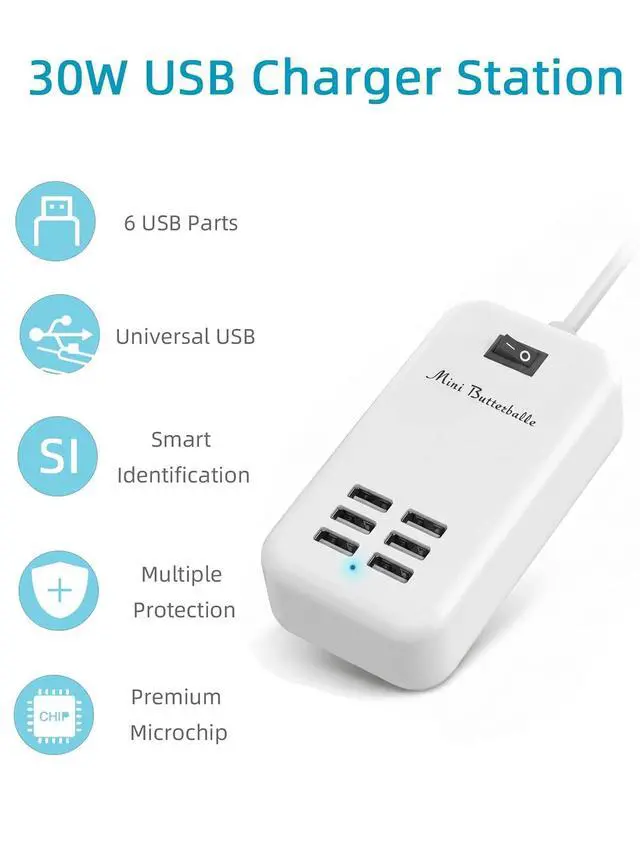 Alt view image 2 of 7 - 6 Ports USB Charger Hub Desktop US Plug AC Power Wall Travel Charging Adapter Slots Charging Station Extension Socket Outlet with Cable