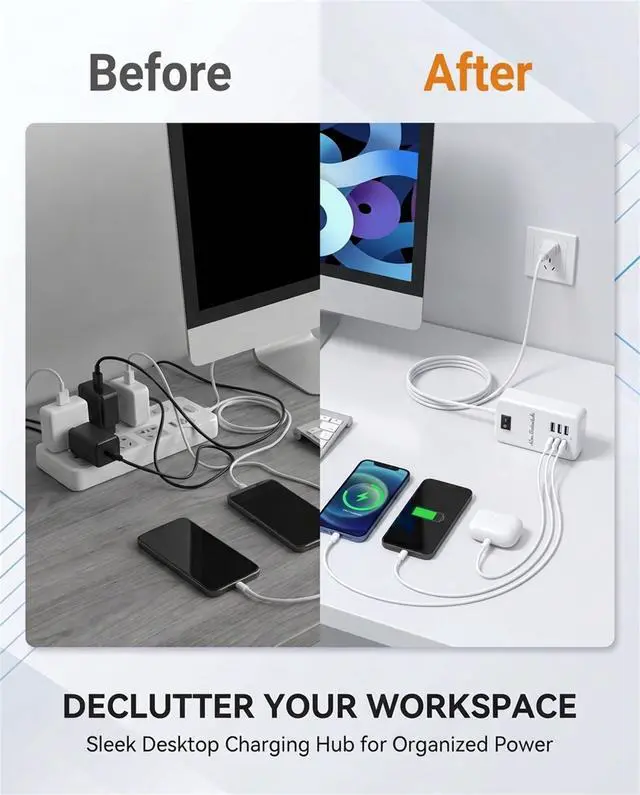 Alt view image 4 of 7 - 6 Ports USB Charger Hub Desktop US Plug AC Power Wall Travel Charging Adapter Slots Charging Station Extension Socket Outlet with Cable
