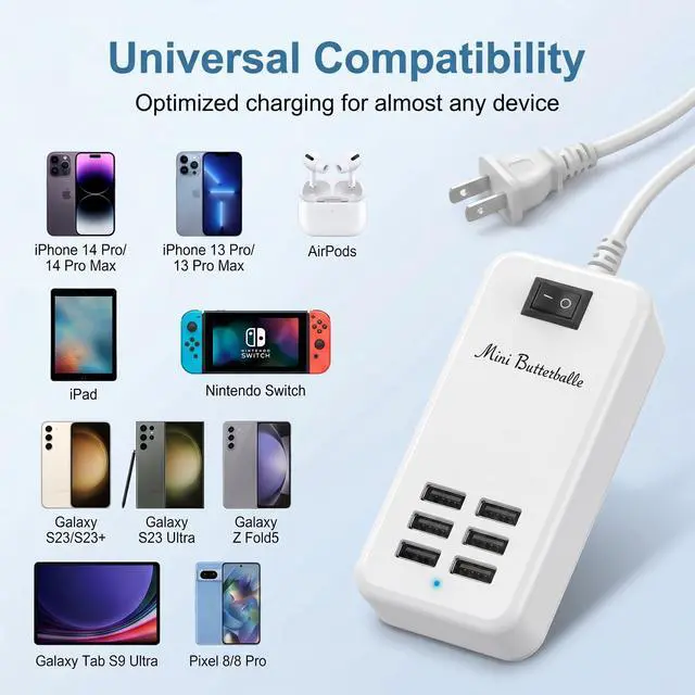 Alt view image 6 of 7 - 6 Ports USB Charger Hub Desktop US Plug AC Power Wall Travel Charging Adapter Slots Charging Station Extension Socket Outlet with Cable