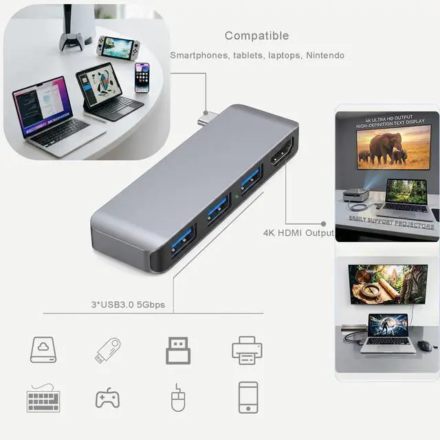 Alt view image 3 of 7 - USB C Hub for MacBook Neo Pro Air, 4-in-1 mac Dock with 4K HDMI Adapter, 3 USB A 5Gbps Data Ports for MacBookPro 13 Inch, Air M4/M5, and More, Type c Extender for Office Laptop, Meetings, Travel&Home
