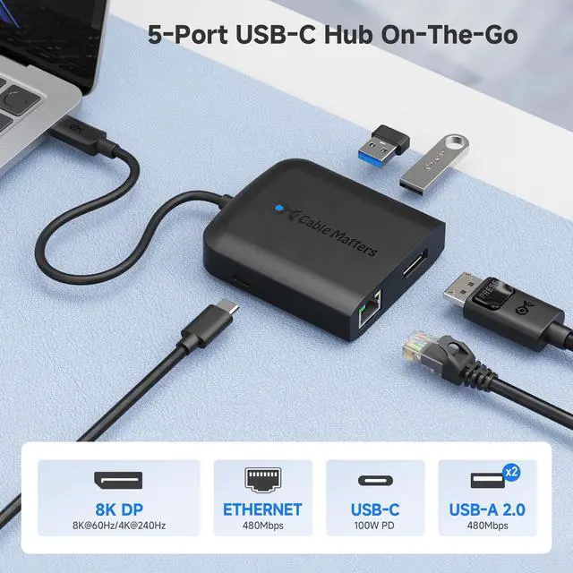 Alt view image 2 of 6 - USB C Multiport Adapter (USB C Hub with DisplayPort 8K), 2X USB 2.0, Fast Ethernet, and 60W Charging in Black - Thunderbolt 4 / USB4 / Thunderbolt 3 Port Compatible with MacBook Pro