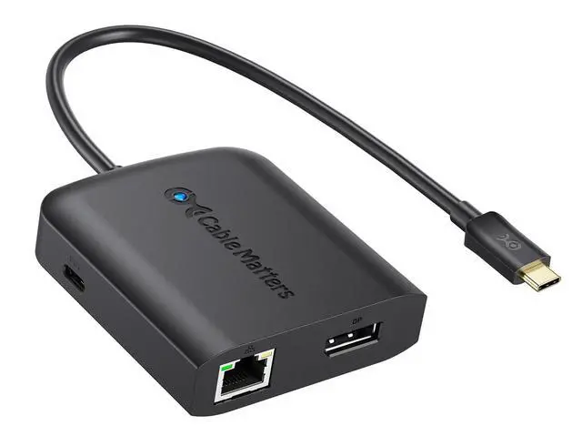 Main image of USB C Multiport Adapter (USB C Hub with DisplayPort 8K), 2X USB 2.0, Fast Ethernet, and 60W Charging in Black - Thunderbolt 4 / USB4 / Thunderbolt 3 Port Compatible with MacBook Pro