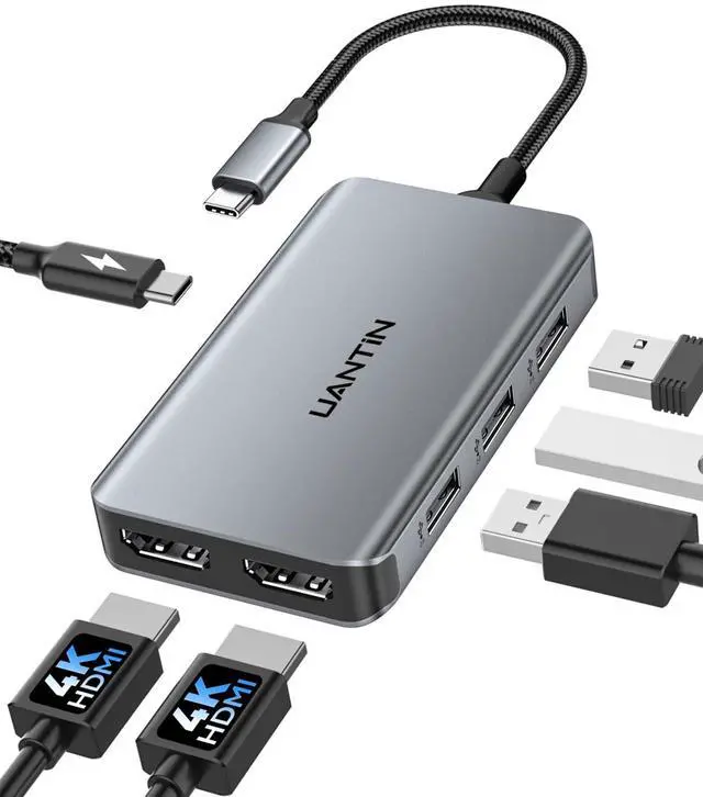 Main image of 6-in-1 USB C Hub, Type C to Dual HDMI Adapter 4K@60Hz, HDMI Splitter Extended Display for Dual Monitor with 100W PD Port, USB 2.0, Dual Monitor Adapter for Dell XPS, HP, MacBook Neo/Air/Pro
