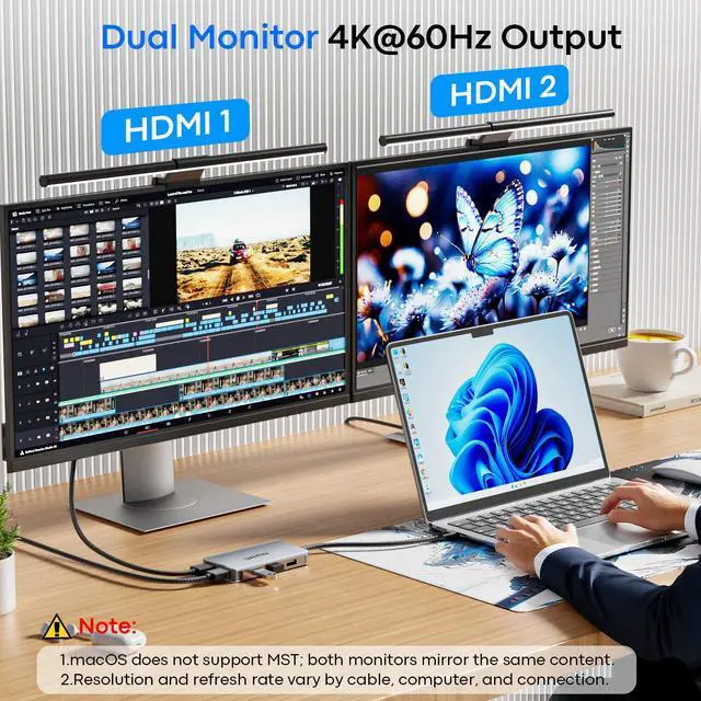 Alt view image 3 of 7 - 6-in-1 USB C Hub, Type C to Dual HDMI Adapter 4K@60Hz, HDMI Splitter Extended Display for Dual Monitor with 100W PD Port, USB 2.0, Dual Monitor Adapter for Dell XPS, HP, MacBook Neo/Air/Pro