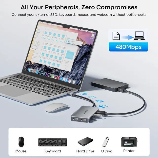 Alt view image 5 of 7 - 6-in-1 USB C Hub, Type C to Dual HDMI Adapter 4K@60Hz, HDMI Splitter Extended Display for Dual Monitor with 100W PD Port, USB 2.0, Dual Monitor Adapter for Dell XPS, HP, MacBook Neo/Air/Pro