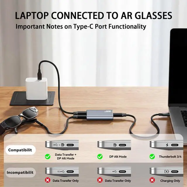 Alt view image 7 of 7 - USB C to AR Glasses Adapter, Power for Xreal/Viture/RayNeo/Rokid AR Glasses While Charging for Steam Deck,ROG Ally,Switch 2,DJI RC 2,iPhone 15-17 or Android Phone,Compatible 8K 30Hz/4K 144Hz