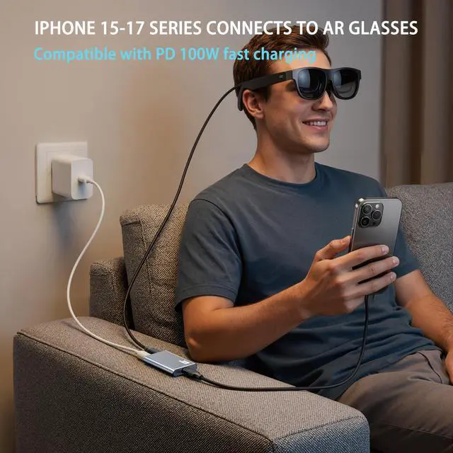 Alt view image 5 of 7 - USB C to AR Glasses Adapter, Power for Xreal/Viture/RayNeo/Rokid AR Glasses While Charging for Steam Deck,ROG Ally,Switch 2,DJI RC 2,iPhone 15-17 or Android Phone,Compatible 8K 30Hz/4K 144Hz