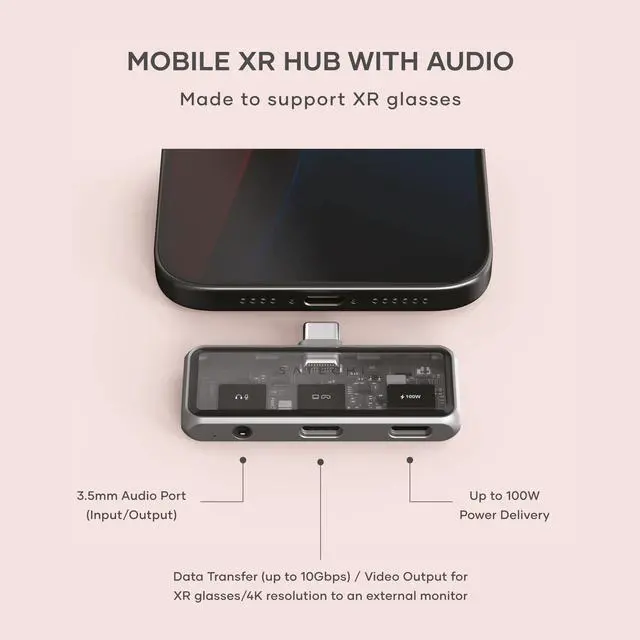 Alt view image 2 of 7 - USB C Mobile Hub, 4-in-1 USB C Multiport Adapter, 4K HDMI, 100W Pass-Through Charging, 10Gbps Data, 3.5mm Audio Jack, for iPhone, iPad, MacBook, Switch, & More