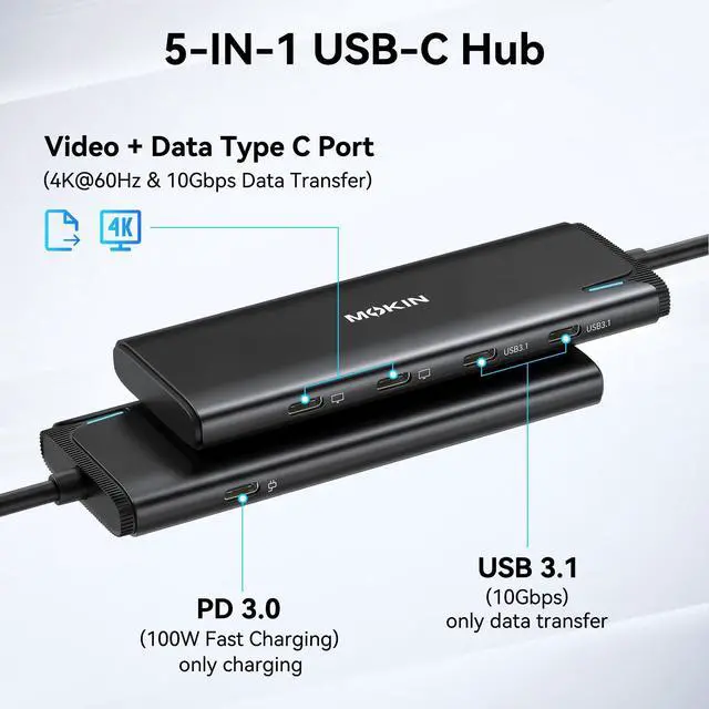 Alt view image 2 of 7 - USB C to USB C Hub Dual Monitor, USBC Splitter with 4K@60Hz DP Alt Mode Video Output, 10Gbps Data Transfer, 100W PD Charging, Dual Monitors Adapter for Laptop, Portable Monitor and More Type C Devices