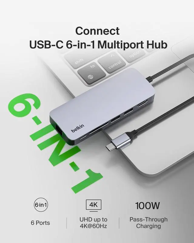Alt view image 2 of 7 - USB-C Hub - 6-in-1Multi-PortAdapter Dock with 4K HDMI, USB-C 100W PD Pass-Through Charging, 2X USB-A Ports, Gigabit Ethernet Ports, and SD Slot for MacBook Pro, Air, iPad, Pro, XPS and More