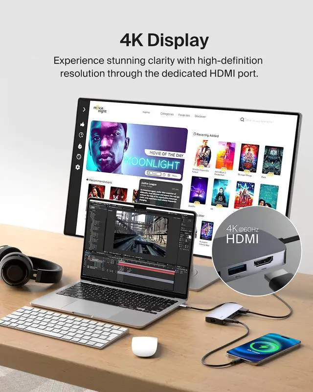 Alt view image 3 of 7 - USB-C Hub - 6-in-1Multi-PortAdapter Dock with 4K HDMI, USB-C 100W PD Pass-Through Charging, 2X USB-A Ports, Gigabit Ethernet Ports, and SD Slot for MacBook Pro, Air, iPad, Pro, XPS and More