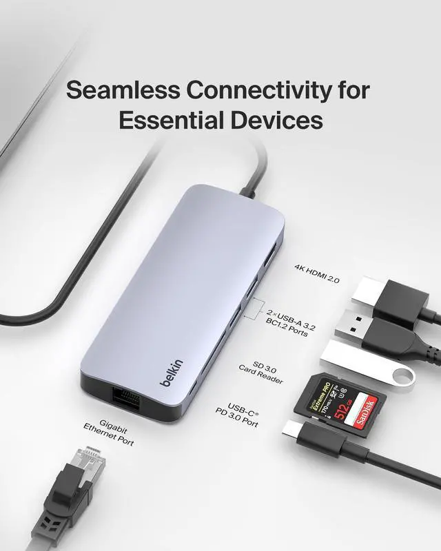 Alt view image 6 of 7 - USB-C Hub - 6-in-1Multi-PortAdapter Dock with 4K HDMI, USB-C 100W PD Pass-Through Charging, 2X USB-A Ports, Gigabit Ethernet Ports, and SD Slot for MacBook Pro, Air, iPad, Pro, XPS and More