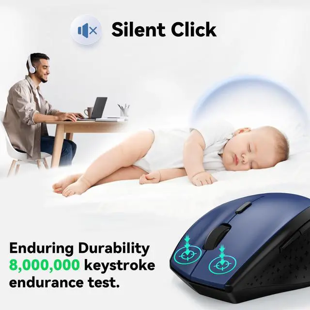 Alt view image 2 of 7 - Wireless Mouse, 2.4G USB Computer Mouse with 6-Level Adjustable 4800 DPI, 30 Months Battery, Ergonomic Grips, 6 Buttons Portable for PC, Chromebook, Mac - Blue