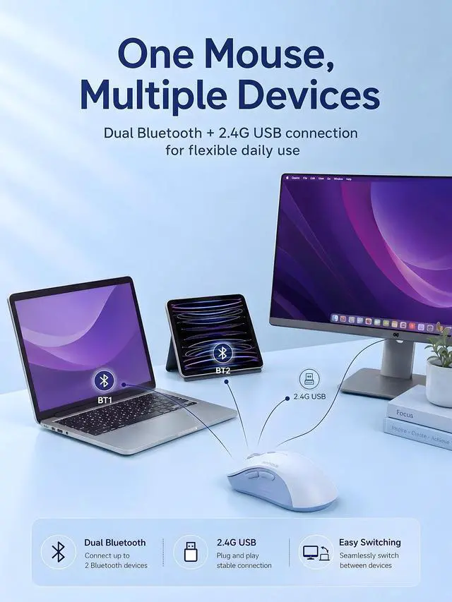 Alt view image 2 of 7 - Bluetooth Wireless Mouse, Dual Bluetooth & 2.4G USB Receiver, Quiet Clicks, Right-Hand Ergonomic 6 Button Mouse, Adjustable DPI, AA Battery, for Laptop, PC, Mac, Tablet - Light Blue
