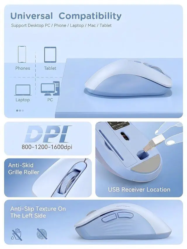 Alt view image 6 of 7 - Bluetooth Wireless Mouse, Dual Bluetooth & 2.4G USB Receiver, Quiet Clicks, Right-Hand Ergonomic 6 Button Mouse, Adjustable DPI, AA Battery, for Laptop, PC, Mac, Tablet - Light Blue