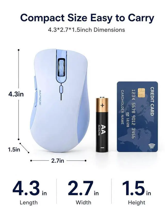 Alt view image 7 of 7 - Bluetooth Wireless Mouse, Dual Bluetooth & 2.4G USB Receiver, Quiet Clicks, Right-Hand Ergonomic 6 Button Mouse, Adjustable DPI, AA Battery, for Laptop, PC, Mac, Tablet - Light Blue