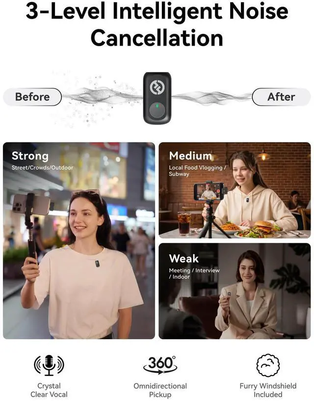 Alt view image 3 of 7 - Lark A1 Wireless Microphone for iPhone & Android, 48kHz/24-bit Studio Audio, 3-Level Noise Cancellation, 200m Range, Magnetic Mini Mic for Video Recording & Live Streaming (2TX + USB-C RX)