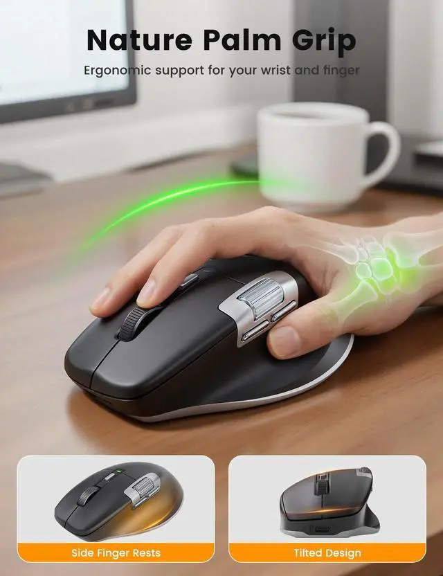 Alt view image 6 of 7 - Ergonomic Wireless Mouse for Laptop with Ultra-Fast Scrolling, Side Scroll, Wired+2.4G,+2 Bluetooth, 5 Programmable Buttons, 8K DPI, 800mAh Rechargeable, MAM6 Quiet Office Mice for PC, Desktop