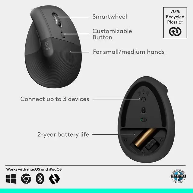 Alt view image 6 of 7 - Lift Vertical Ergonomic Mouse, Wireless, Bluetooth or Logi Bolt USB Receiver, Quiet clicks, 6 Buttons, Compatible with Windows/macOS/iPadOS, Laptop, PC - Graphite
