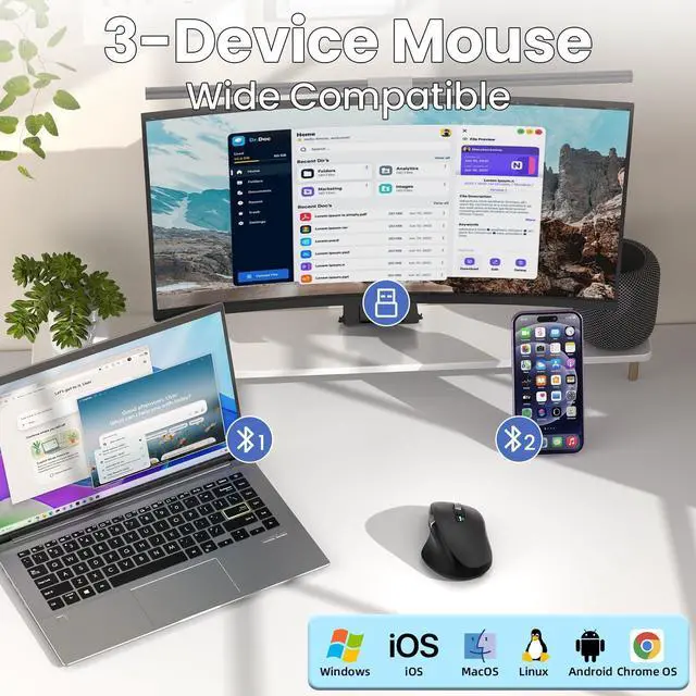 Alt view image 4 of 6 - Wireless Side Scroll Mouse with Multi-Device, Ergonomic Computer Mice with Smart Flying Scroll, Quiet Click, 4-Level DPI for Computer, Laptop, iPad, Tablet, MacBook (Grey)