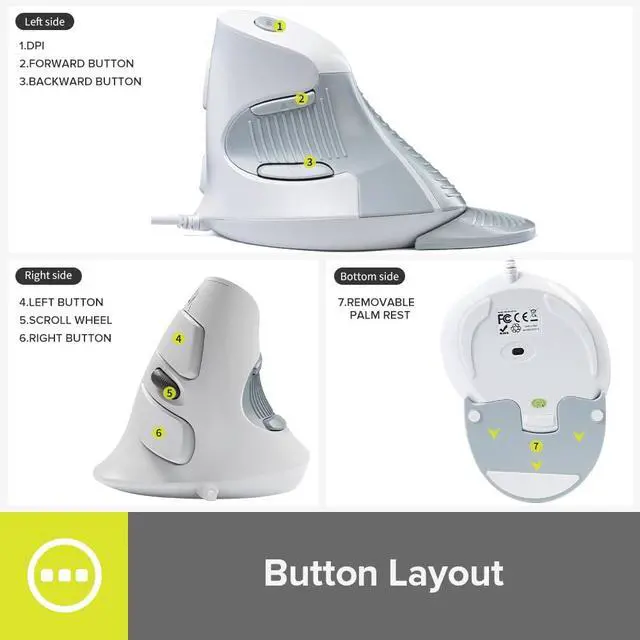 Alt view image 6 of 7 - Wired Ergonomic Vertical Mouse, Vertical Mouse for Medium Hands, Removable Wrist Rest, Silent Click Ergo Mouse, Up to 4200 DPI, 6 Programmable Buttons, Compatible with Laptop/PC (M618XU-White)