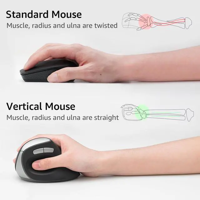 Alt view image 3 of 7 - EV250 Silent Vertical Ergonomic Mouse, 2.4G Wireless Optical Mouse, 800/1000/1200/1600 DPI, Quiet Clicks, 5 Buttons, Compatible with Windows/Mac OS/iPad OS, Laptop, PC - Black