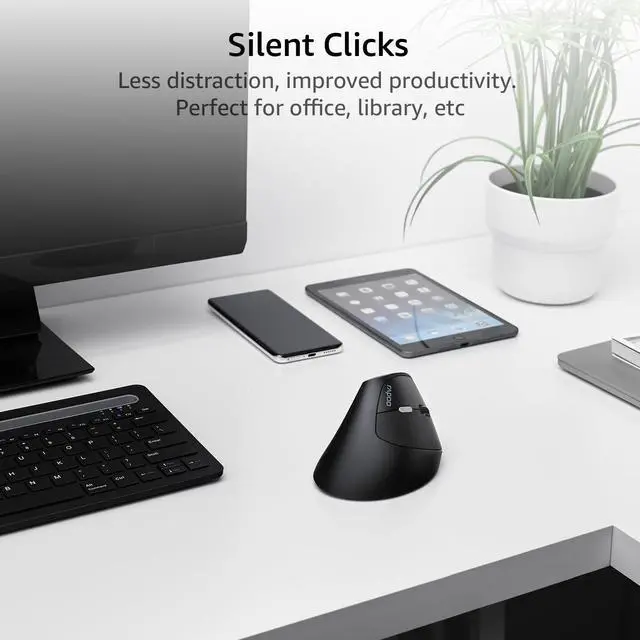 Alt view image 4 of 7 - EV250 Silent Vertical Ergonomic Mouse, 2.4G Wireless Optical Mouse, 800/1000/1200/1600 DPI, Quiet Clicks, 5 Buttons, Compatible with Windows/Mac OS/iPad OS, Laptop, PC - Black