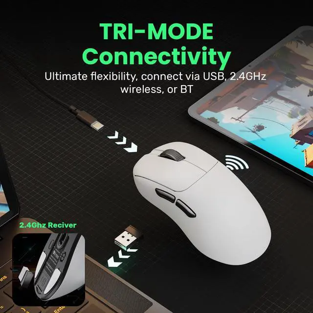 Alt view image 5 of 7 - G18 2.4G/BT/Wired Tri-Mode 8K Wireless Gaming Mouse, Right-Handed Ergonomic Design, PAW3395 Sensor, 58g Lightweight, 8000 Polling Rate, 26K DPI, 5 Programmable Buttons, with Nano Wireless Receiver