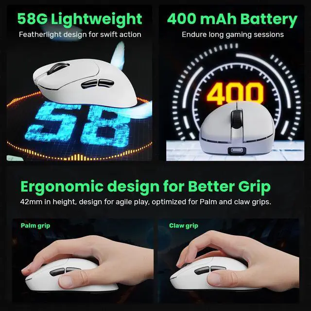 Alt view image 6 of 7 - G18 2.4G/BT/Wired Tri-Mode 8K Wireless Gaming Mouse, Right-Handed Ergonomic Design, PAW3395 Sensor, 58g Lightweight, 8000 Polling Rate, 26K DPI, 5 Programmable Buttons, with Nano Wireless Receiver
