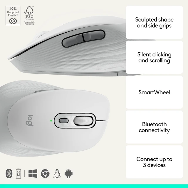 Alt view image 2 of 7 - Logitech Signature Comfort M840 L Wireless Mouse Bluetooth - Off White | Bluetooth, SmartWheel, customizable buttons, multi-device, for Windows, MacOS, iPadOS