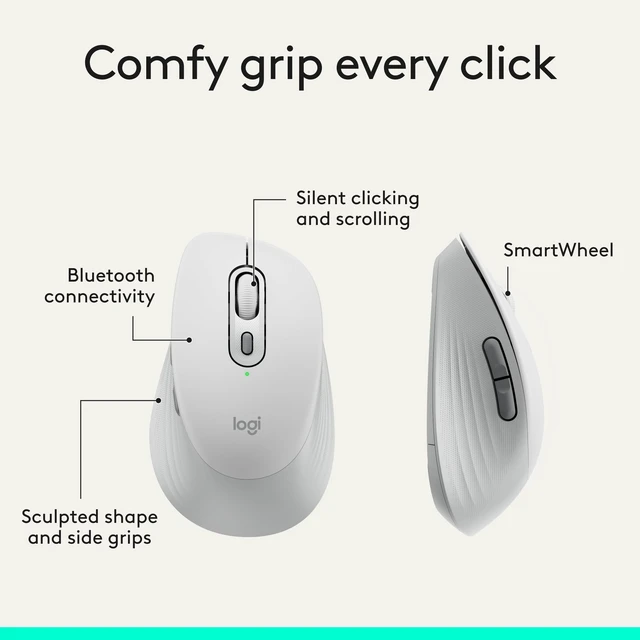 Alt view image 7 of 7 - Logitech Signature Comfort M840 L Wireless Mouse Bluetooth - Off White | Bluetooth, SmartWheel, customizable buttons, multi-device, for Windows, MacOS, iPadOS