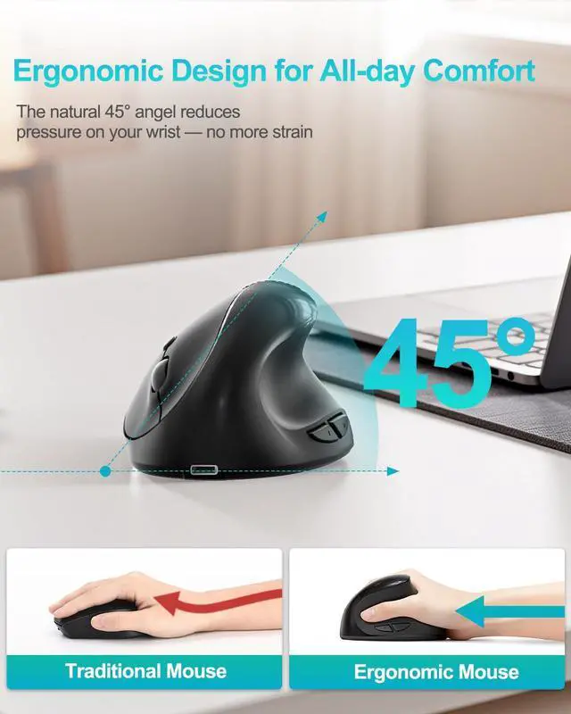 Alt view image 3 of 7 - Ergonomic Mouse, Rechargeable Wireless for Small/Medium Hands, Black