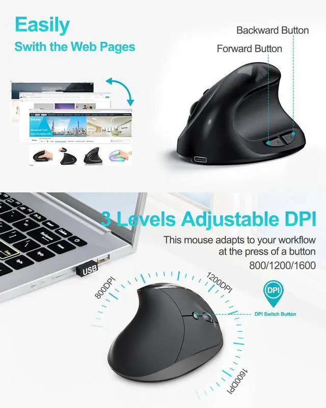 Alt view image 5 of 7 - Ergonomic Mouse, Rechargeable Wireless for Small/Medium Hands, Black