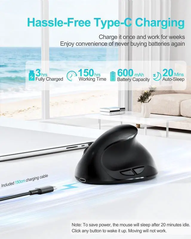 Alt view image 6 of 7 - Ergonomic Mouse, Rechargeable Wireless for Small/Medium Hands, Black