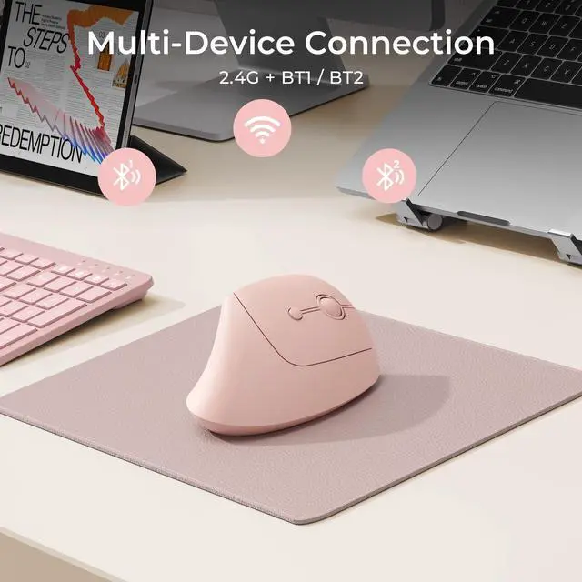 Alt view image 2 of 7 - Ergonomic Wireless Mouse, MOU200 Vertical Bluetooth Mouse with 2.4G USB Receiver, Dual Bluetooth, Quiet Clicks, 52° Grip, 3-Level DPI, 83g Right Hand Mouse for Laptop PC Mac Android, Light Pink