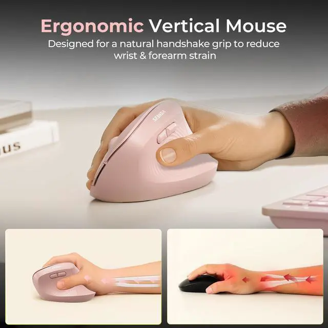 Alt view image 3 of 7 - Ergonomic Wireless Mouse, MOU200 Vertical Bluetooth Mouse with 2.4G USB Receiver, Dual Bluetooth, Quiet Clicks, 52° Grip, 3-Level DPI, 83g Right Hand Mouse for Laptop PC Mac Android, Light Pink