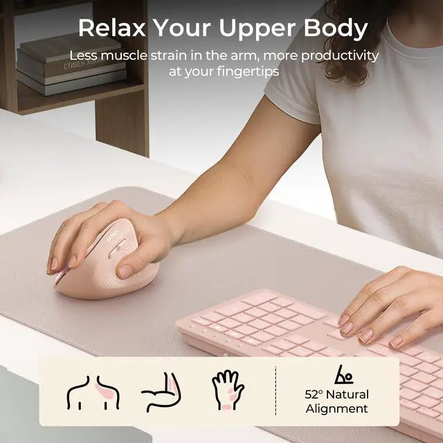 Alt view image 7 of 7 - Ergonomic Wireless Mouse, MOU200 Vertical Bluetooth Mouse with 2.4G USB Receiver, Dual Bluetooth, Quiet Clicks, 52° Grip, 3-Level DPI, 83g Right Hand Mouse for Laptop PC Mac Android, Light Pink