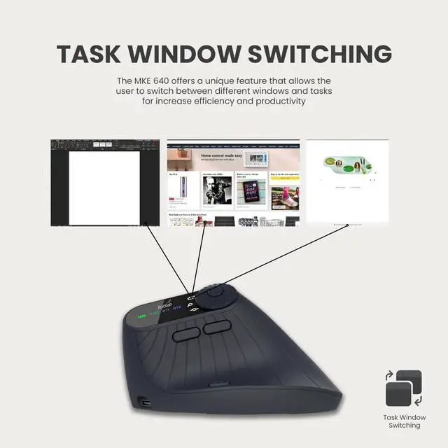 Alt view image 3 of 7 - Vertical Ergonomic Mouse 2.4G Wireless BT Task Window Switching and Horizontal Scrolling,Adjustable DPI, Lightweight for Laptop,Desktop,PC,MacBook, Black (MKE 604)