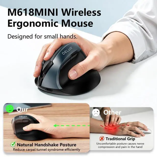 Alt view image 2 of 7 - Wireless Ergonomic Mouse, Vertical Mouse for Small Hands, Silent Click Ergo Mouse, Up to 4000 DPI, 6 Buttons, Rechargeable, 2.4G/BT 5.2 Dual-Mode, Compatible with Laptop/PC (M618MINI-Iron Gray)