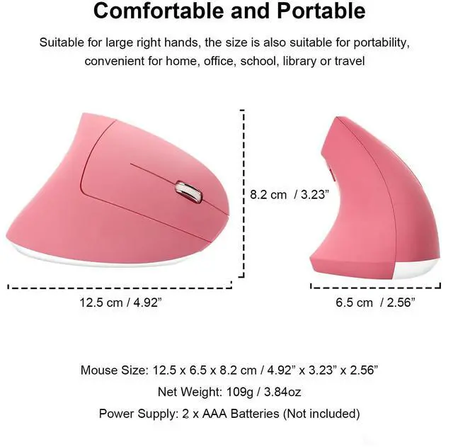 Alt view image 2 of 7 - Ergonomic Wireless Vertical Mouse Ergo Optical 2.4G Cordless Mouse Portable Travel Mice with 6 Buttons 3 Adjustable DPI 800/1200/1600 for PC Laptop Desktop (Pink)