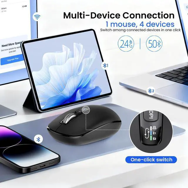 Alt view image 2 of 7 - Wireless Bluetooth Mouse,USB+BT×2,Multi Device Ergo Full Size Mouses-big Hand,Metal 4-Way Super Scrolling,± 3000 DPI,10 Buttons,Plug&Play,Quiet,w/ 2 Batteries,Mice for Laptop,Computer,Tablet,Mac,iPad