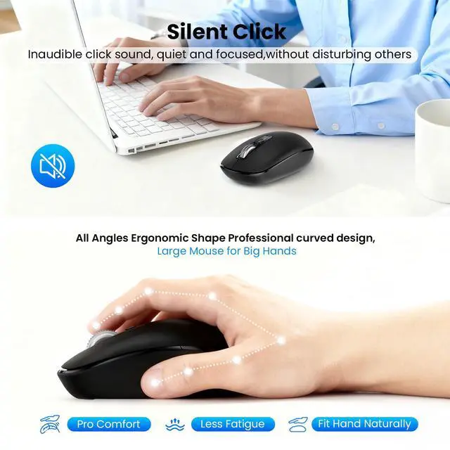 Alt view image 5 of 7 - Wireless Bluetooth Mouse,USB+BT×2,Multi Device Ergo Full Size Mouses-big Hand,Metal 4-Way Super Scrolling,± 3000 DPI,10 Buttons,Plug&Play,Quiet,w/ 2 Batteries,Mice for Laptop,Computer,Tablet,Mac,iPad