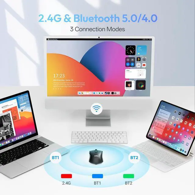 Alt view image 2 of 7 - B15 Tri-Mode Wireless Mouse, Bluetooth 5.0/4.0 & 2.4G, 5 Adjustable DPI, Type-C Rechargeable with 3-Level Battery Indicator, Ergonomic Silent Design for Office/Laptop/Travel