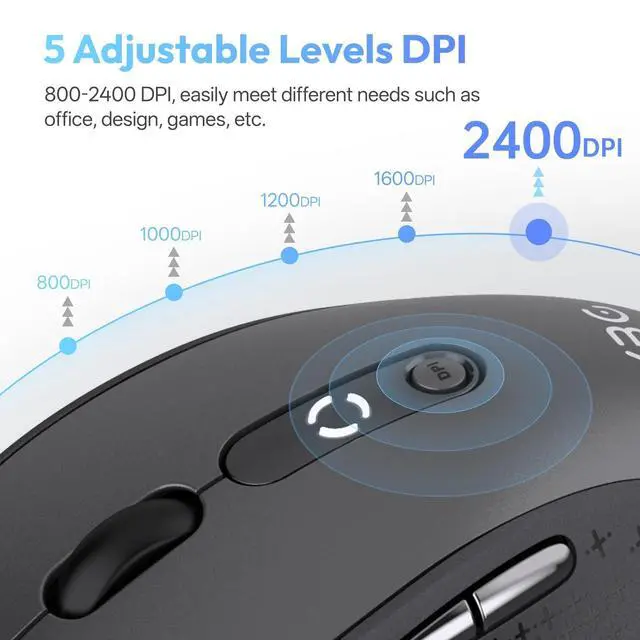 Alt view image 4 of 7 - B15 Tri-Mode Wireless Mouse, Bluetooth 5.0/4.0 & 2.4G, 5 Adjustable DPI, Type-C Rechargeable with 3-Level Battery Indicator, Ergonomic Silent Design for Office/Laptop/Travel