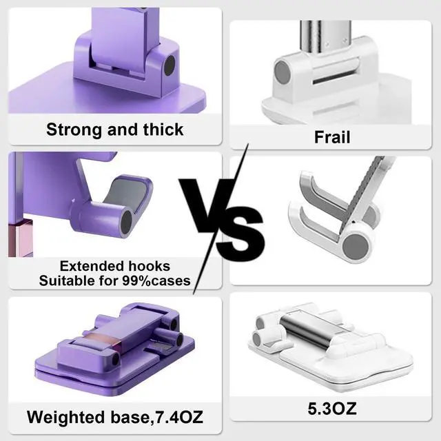 Alt view image 5 of 7 - Phone Stand for Desk, Cell Phone Holder Adjustable Cellphone Tablet Stand for Desk Height Angle Adjustable Compact Design for iPhone iPad Android Devices Under 12" (Purple, 1Pack)