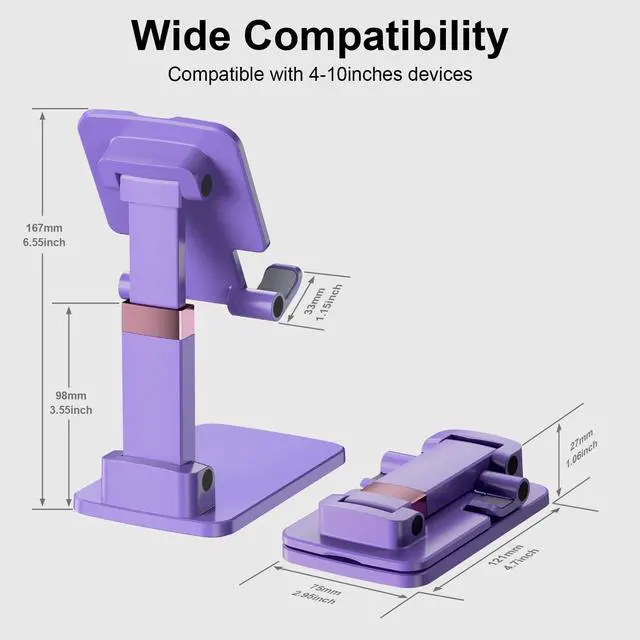 Alt view image 6 of 7 - Phone Stand for Desk, Cell Phone Holder Adjustable Cellphone Tablet Stand for Desk Height Angle Adjustable Compact Design for iPhone iPad Android Devices Under 12" (Purple, 1Pack)