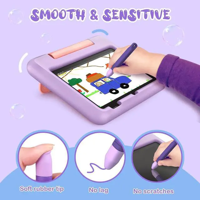 Alt view image 2 of 7 - Kid-Friendly Stylus Pens for Touch Screens with Tethers - Mixoo Anti-Rolling Tablet Stylus 2 Pack for Kids, Compatible with iPad, iPhone, Tablets, Kindle and All Touch Screen Devices (Blue+Purple)