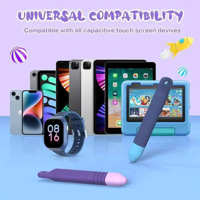 Alt view image 4 of 7 - Kid-Friendly Stylus Pens for Touch Screens with Tethers - Mixoo Anti-Rolling Tablet Stylus 2 Pack for Kids, Compatible with iPad, iPhone, Tablets, Kindle and All Touch Screen Devices (Blue+Purple)