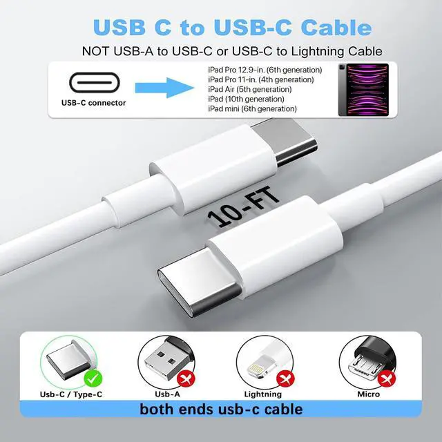 Alt view image 7 of 7 - iPad Charger Fast Charging, 10ft USB-C Cable & 20W USB C Charger Block 2-Pack for Apple iPad A16 11th 10th, Pro 13 12.9 11, Air, Mini A17 Pro, iPhone 17 16 15 Series, White